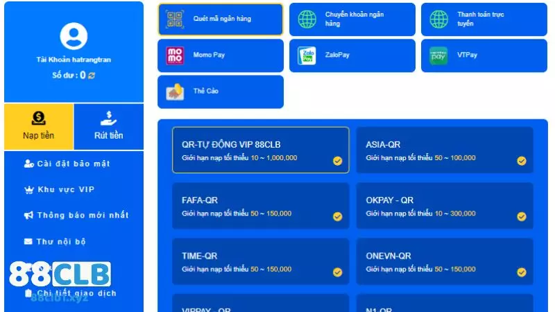 Nạp tiền với đa dạng phương thức tại 88CLB